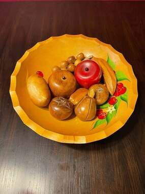 Vintage Grande Hand Painted Woodenware Bowl with Assorted Wooden Fruit Set